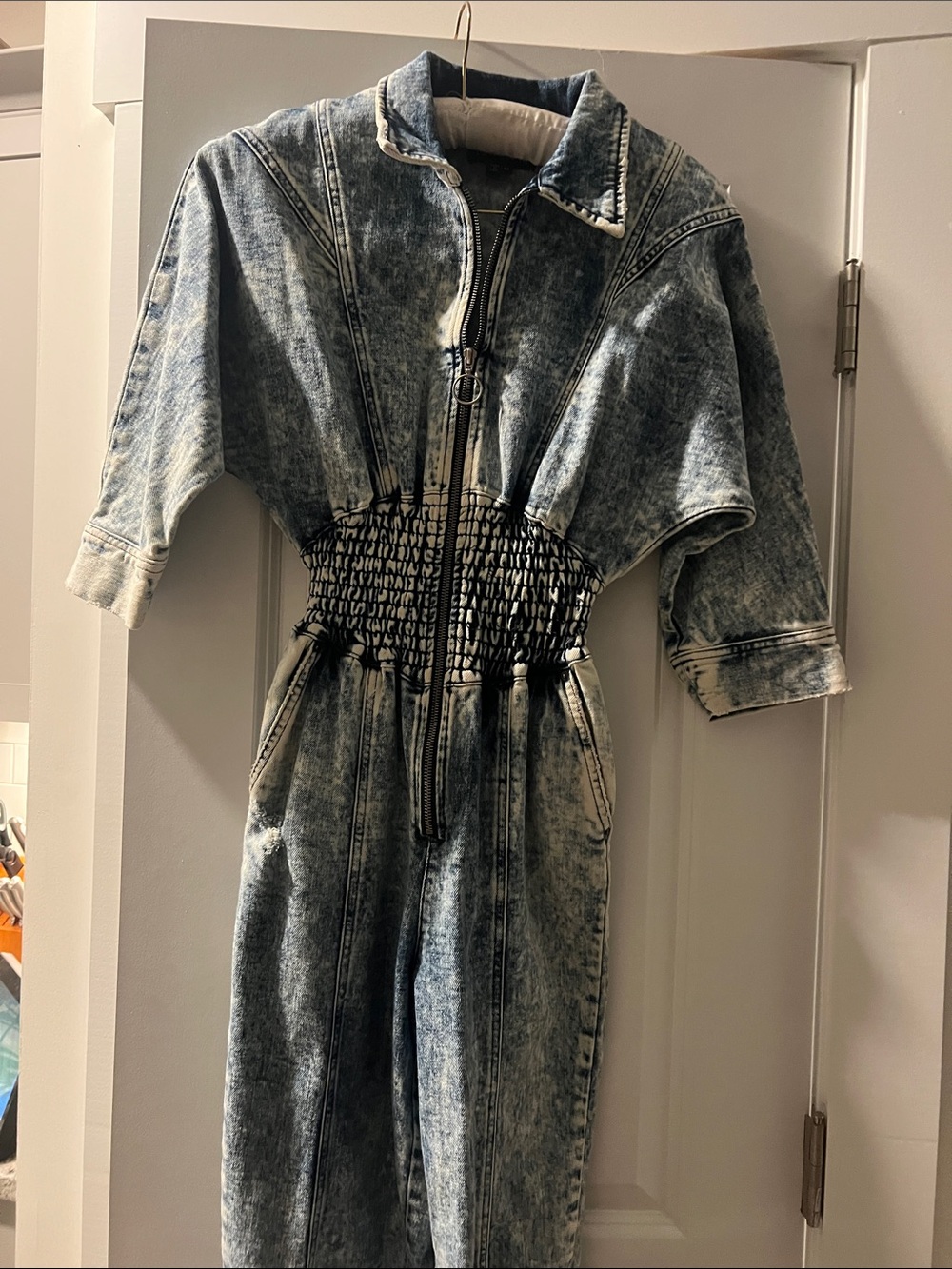 One-piece denim jumpsuit